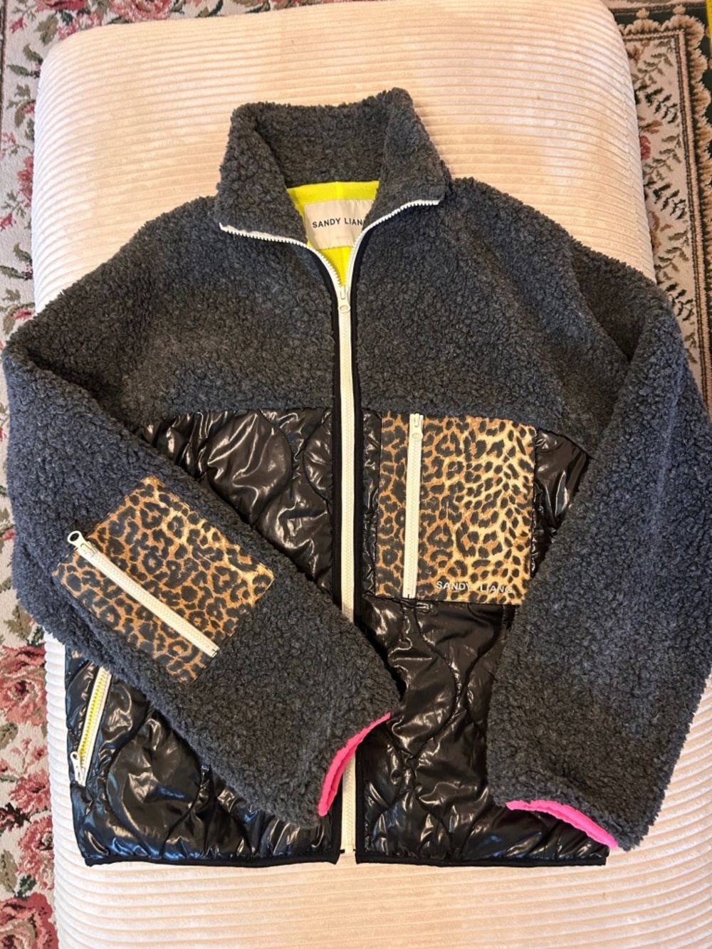 Sandy Liang Sherpa Quilted Leopard Jacket Black Gray Size S